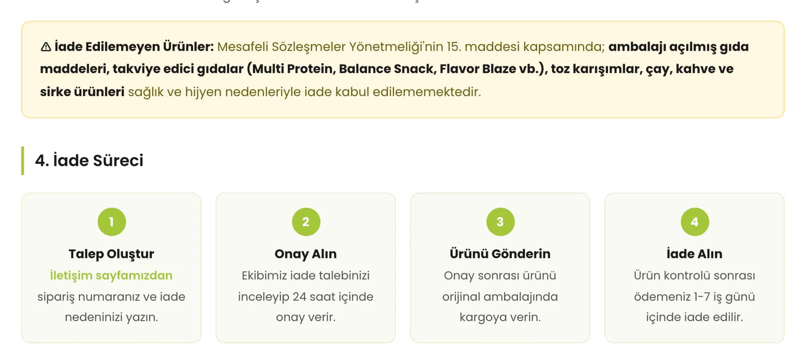 Part of the Bumeria Food cancellation and returns page: a yellow notice box on non-returnable items and four numbered return steps (create a request, get approval, send the product, receive the refund).