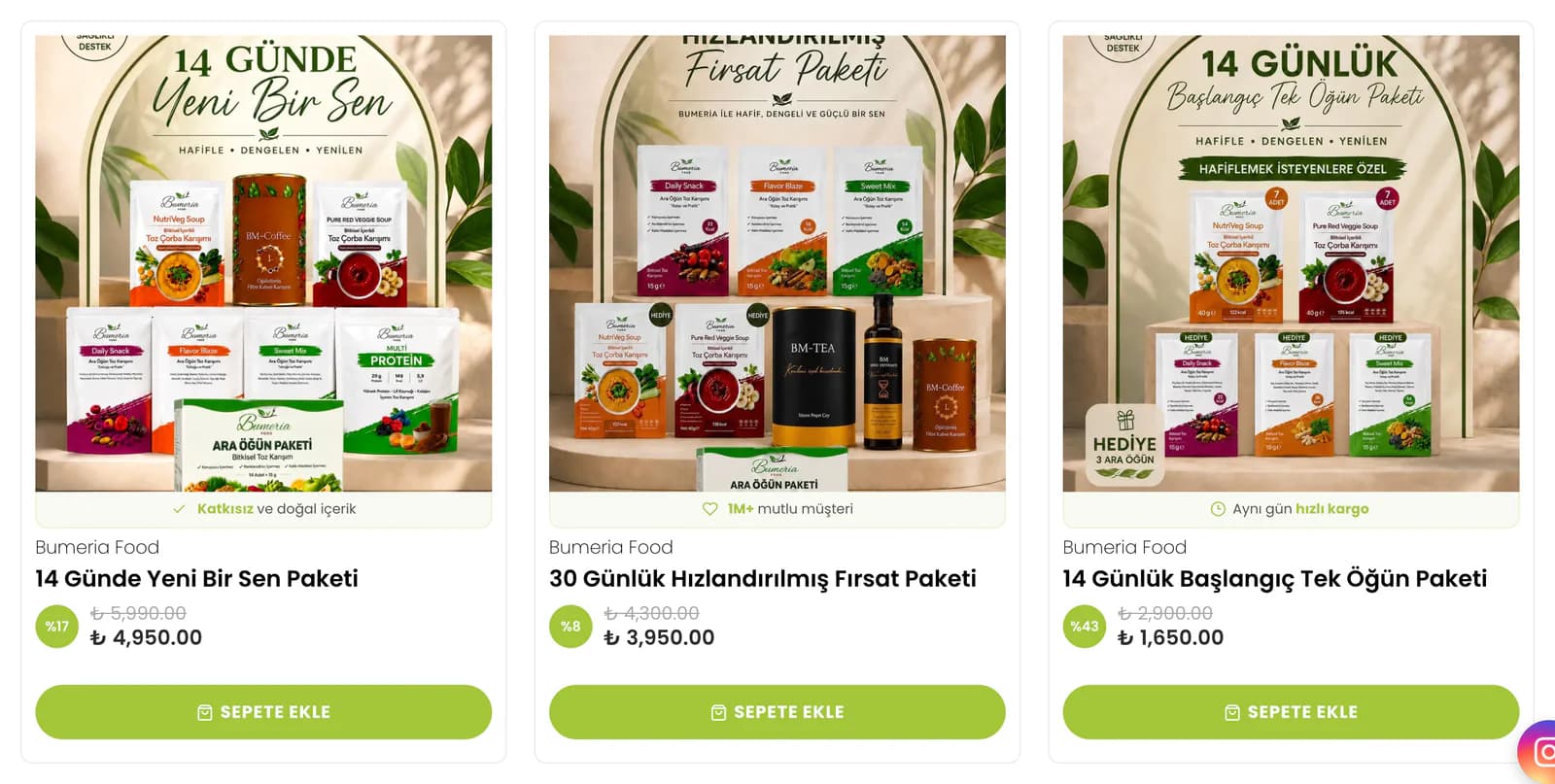 Three bundle product cards on the Bumeria Food homepage: rotating trust labels under the images (additive-free natural ingredients, 1M+ happy customers, fast same-day shipping), then the discount rate, sale price and an add-to-cart button.