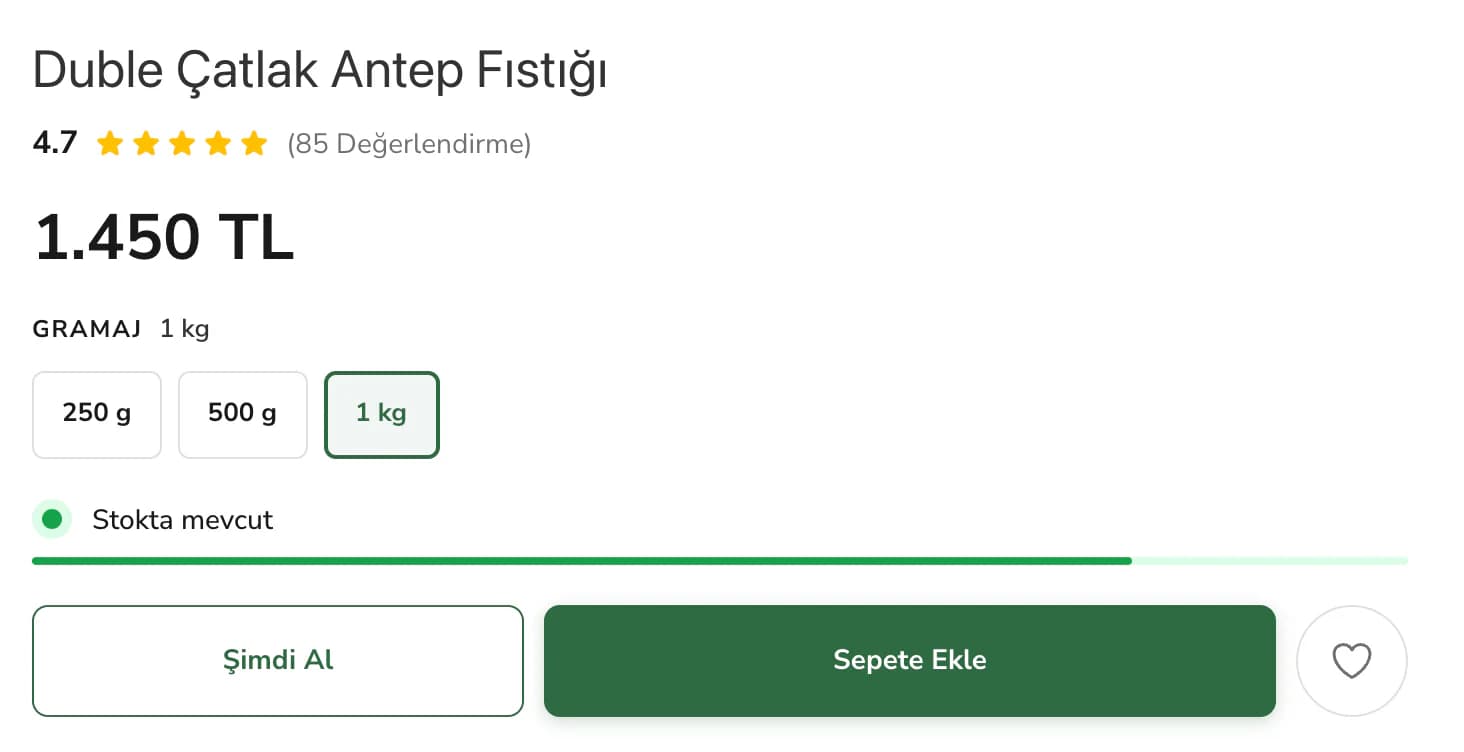 The Duble Çatlak Antep Fıstığı (jumbo pistachio) page at Filinta Kuruyemiş: a 4.7 rating from 85 reviews, price, 250 g, 500 g and selected 1 kg weight buttons, stock status, and separate buy-now and add-to-cart buttons.