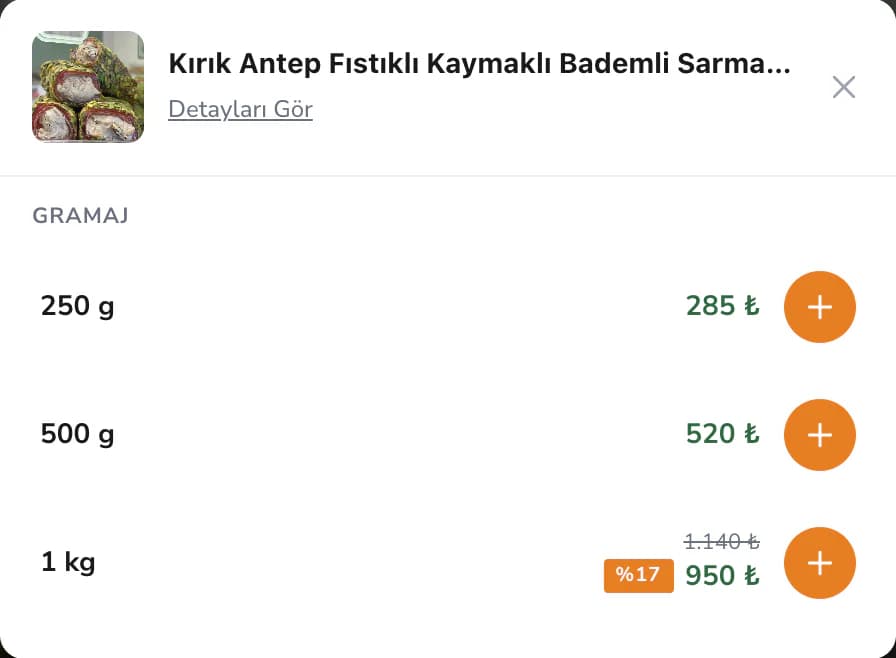 The weight picker that opens from a product card's add-to-cart button on the Filinta Kuruyemiş homepage: 250 g, 500 g and a discounted 1 kg option for pistachio rolled lokum, each with its price and an add button.