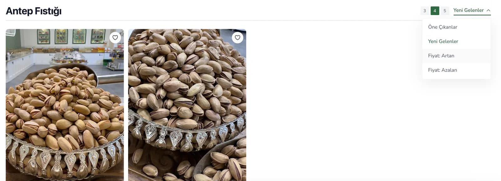 The Antep Fıstığı (pistachio) category page at Filinta Kuruyemiş: the title, a column-count switch and the open sort menu with featured, newest, price ascending and price descending, above the product cards.