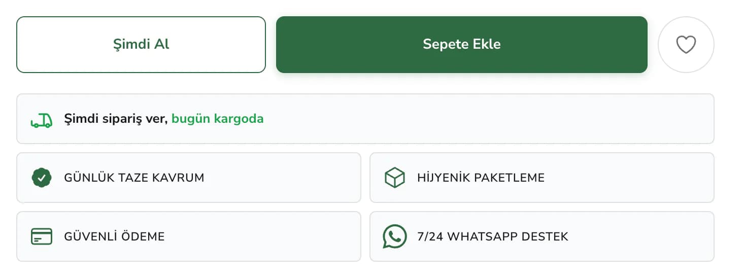 Below the buy-now and add-to-cart buttons on a Filinta Kuruyemiş product page: an order-now-ships-today note and tiles for daily fresh roasting, hygienic packing, secure payment and 24/7 WhatsApp support.