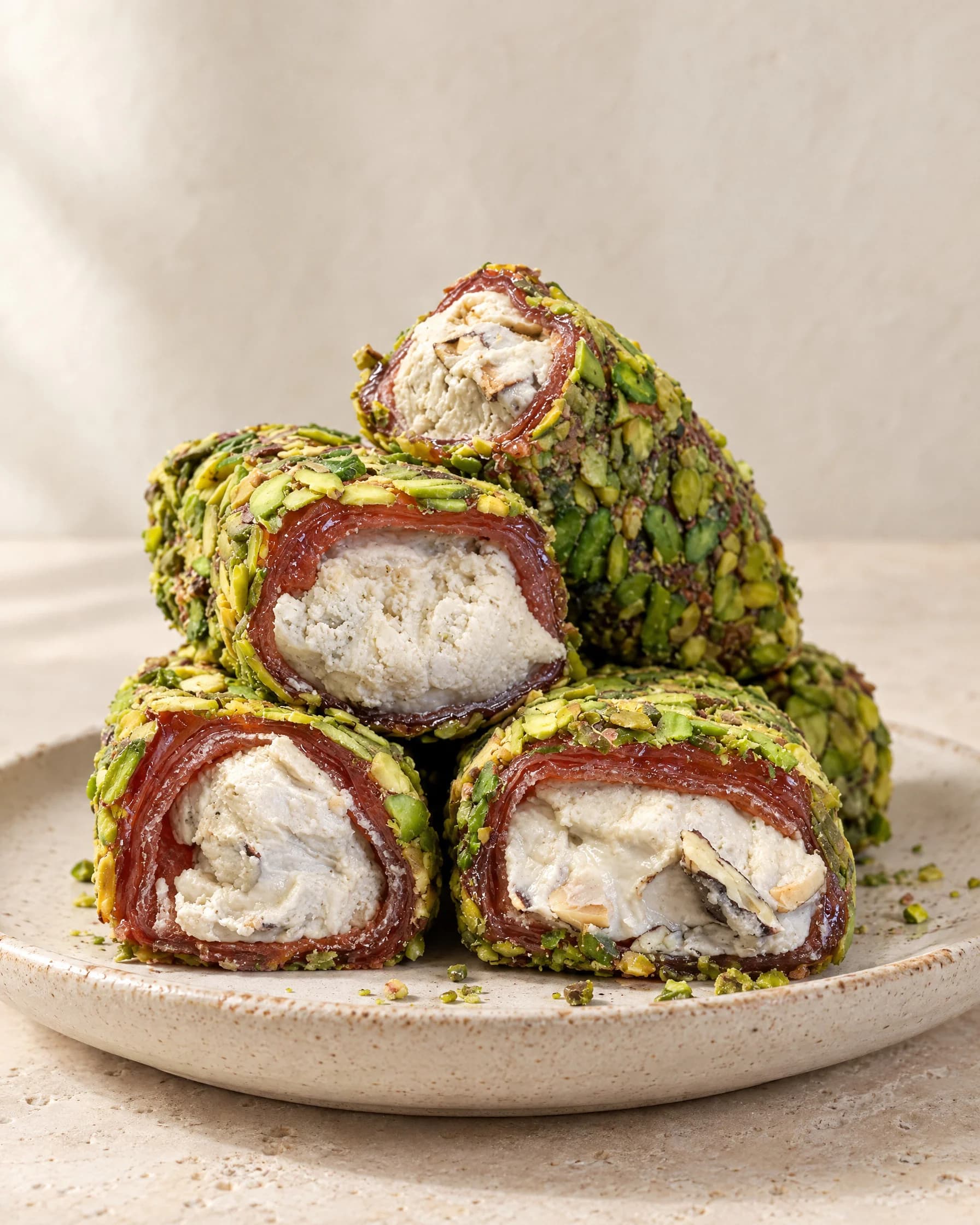 Filinta Kuruyemiş Kırık Antep Fıstıklı Kaymaklı Bademli Sarma Lokum: krem tabakta Antep fıstığı kırığıyla kaplı, kaymak ve bademle doldurulmuş, ortası kırmızı katmanlı sarma lokumlar.