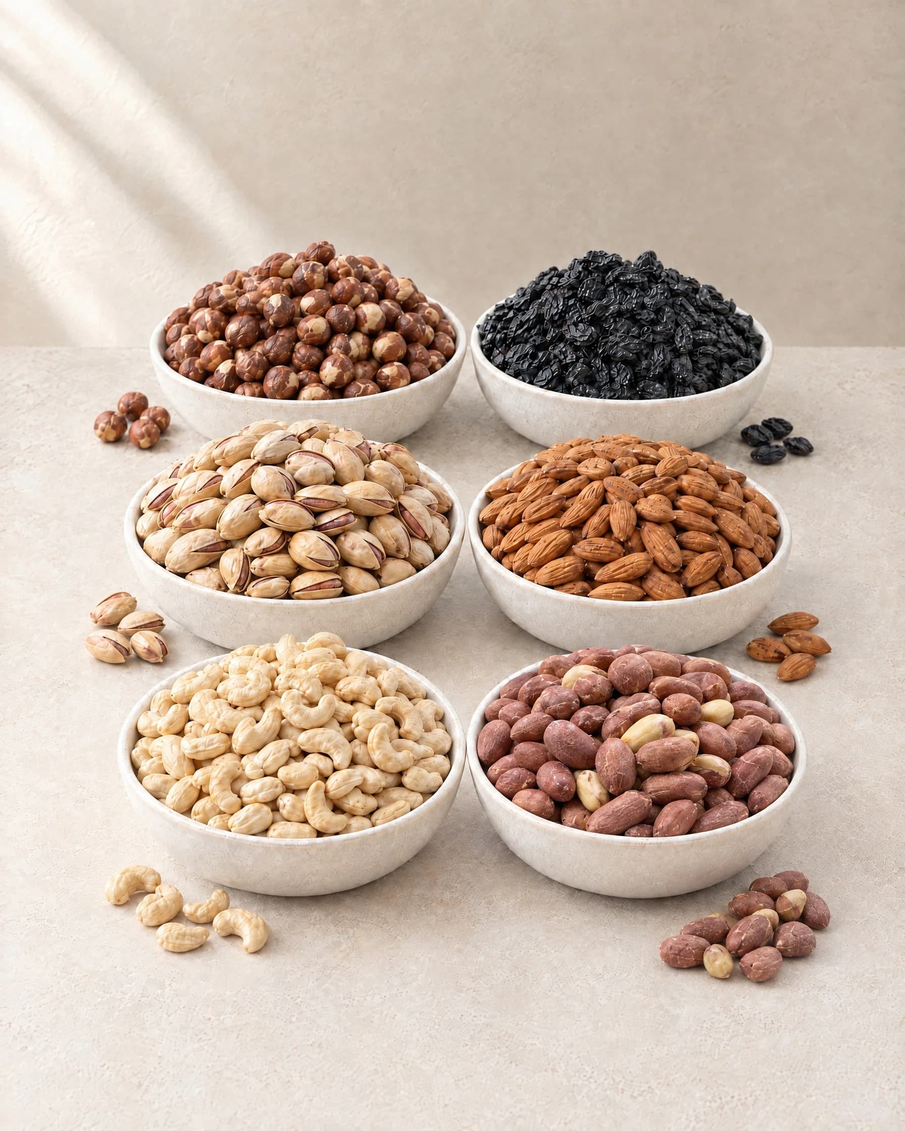 Filinta Kuruyemiş Premium 3KG Karışık Kuruyemiş: bej zeminde altı küçük kâsede fındık, kuru üzüm, fıstık, badem, kaju ve yer fıstığı.