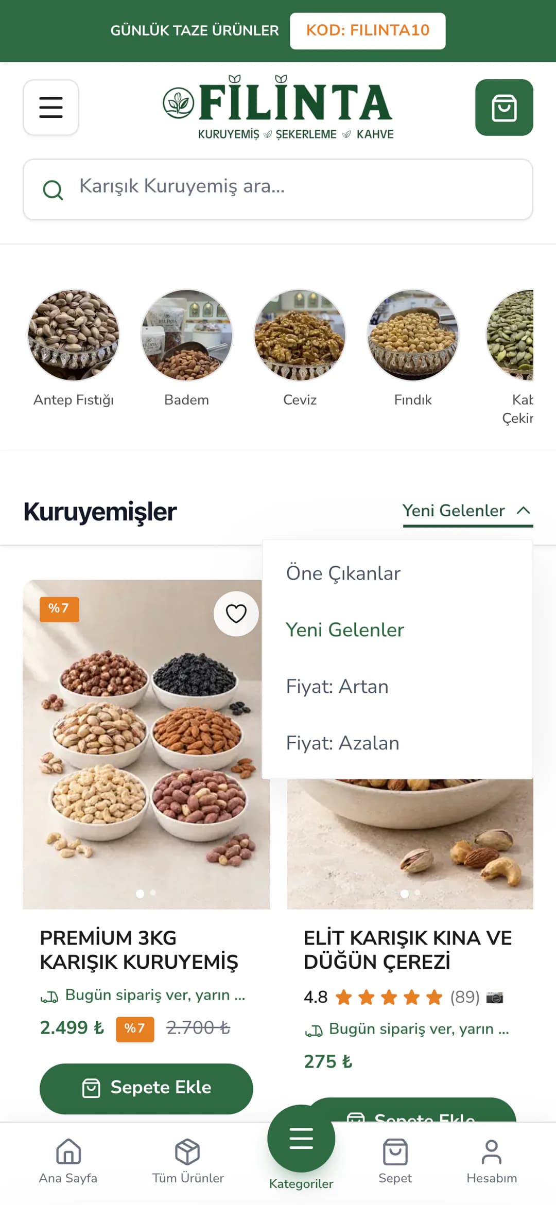 Kuruyemişler kategori sayfasında telefonda açılan sıralama menüsü: Yeni Gelenler seçiminin altında Öne Çıkanlar, seçili Yeni Gelenler, Fiyat: Artan ve Fiyat: Azalan seçenekleri; arkada alt kategori halkaları ve ürün kartları.