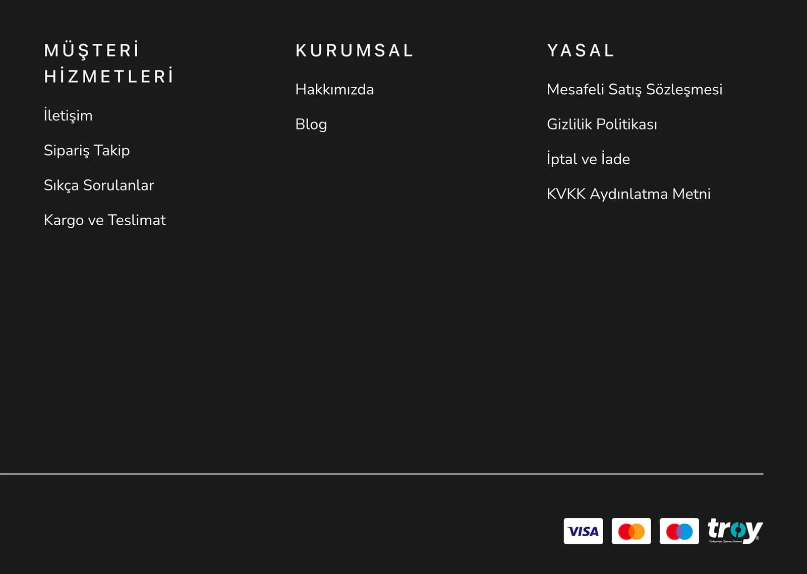 Filinta Kuruyemiş masaüstü altbilgisinin yakın planı, koyu zeminde: Müşteri Hizmetleri sütununda İletişim, Sipariş Takip, Sıkça Sorulanlar ve Kargo ve Teslimat; Kurumsal sütununda Hakkımızda ve Blog; Yasal sütununda Mesafeli Satış Sözleşmesi, Gizlilik Politikası, İptal ve İade, KVKK Aydınlatma Metni; sağ altta Visa, Mastercard, Maestro ve Troy logoları.
