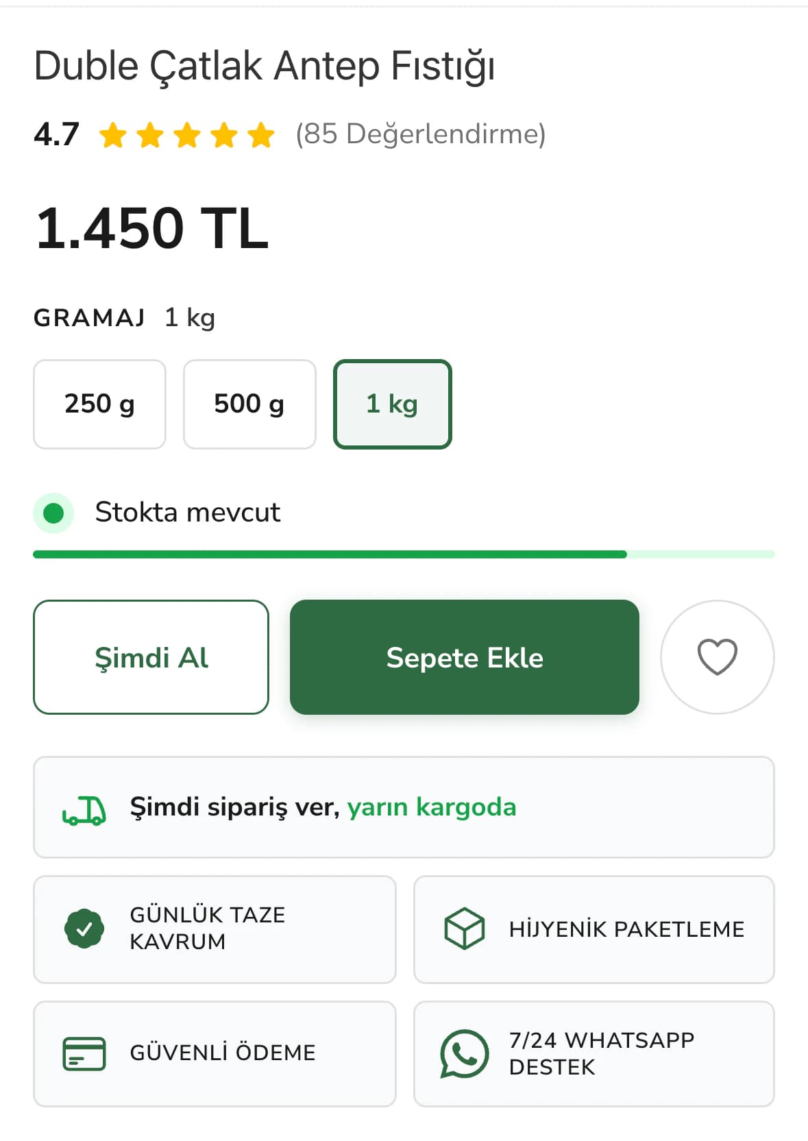 Aynı karar alanı 1 kg seçiliyken: fiyat 1.450 TL'ye, Gramaj yazısı 1 kg'a dönüyor; Stokta mevcut çubuğu, Şimdi Al ve Sepete Ekle düğmeleri, kargo notu ve güven kutuları yerinde.
