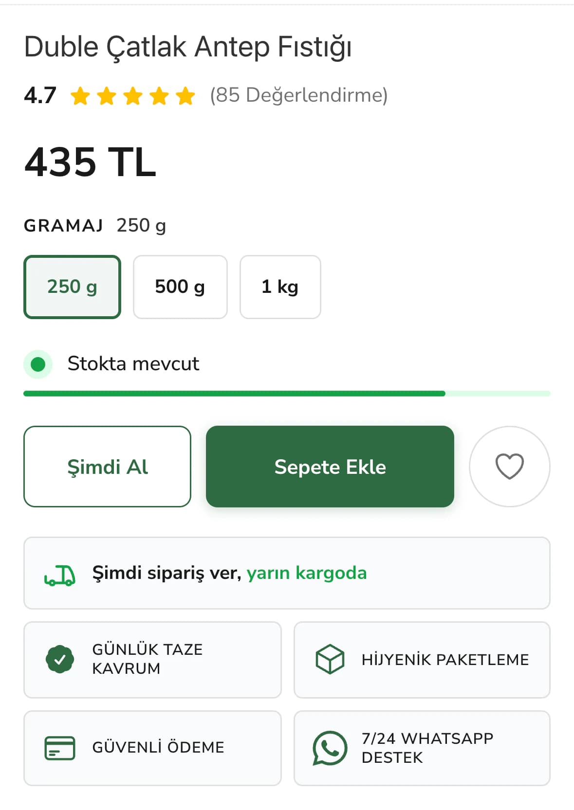 Filinta Kuruyemiş Duble Çatlak Antep Fıstığı ürün sayfasının karar alanı telefonda, 250 g seçiliyken: 4.7 puan ve 85 değerlendirme, 435 TL fiyat, Gramaj 250 g yazısı ve 250 g, 500 g, 1 kg düğmeleri, Stokta mevcut çubuğu, Şimdi Al ve Sepete Ekle düğmeleri, Şimdi sipariş ver, yarın kargoda notu ve Günlük Taze Kavrum, Hijyenik Paketleme, Güvenli Ödeme, 7/24 WhatsApp Destek kutuları.