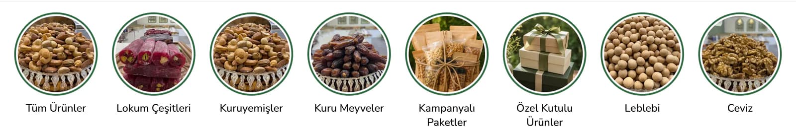 Filinta Kuruyemiş ana sayfasının üstündeki hikâye halkalarının yakın planı: yeşil çerçeveli yuvarlak kapaklarla Tüm Ürünler, Lokum Çeşitleri, Kuruyemişler, Kuru Meyveler, Kampanyalı Paketler, Özel Kutulu Ürünler, Leblebi ve Ceviz.