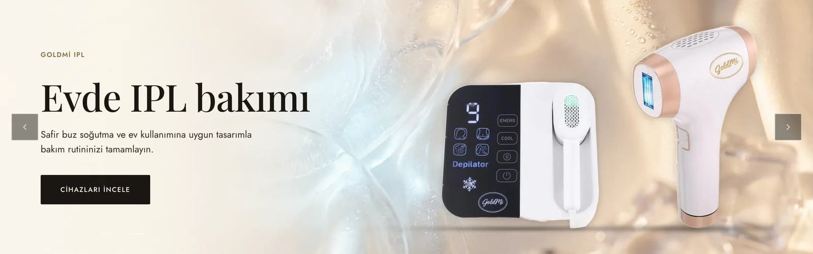 The IPL opening slide on the Goldmi homepage: an Evde IPL bakımı (IPL care at home) headline, a note on sapphire ice cooling, a view-devices button and two hair removal devices.