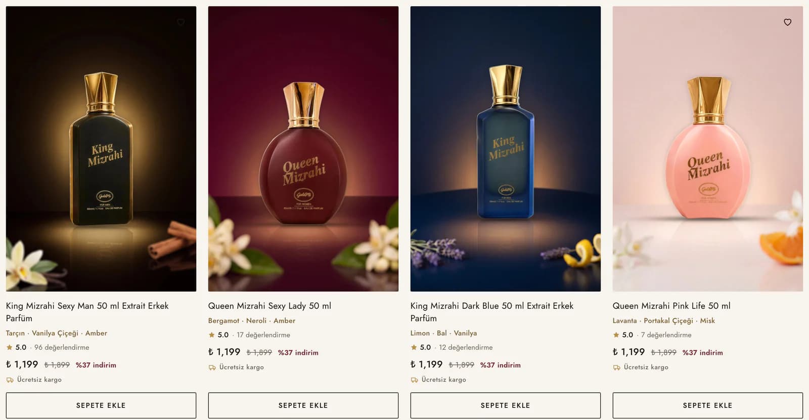 Best-seller cards on the Goldmi homepage: King and Queen Mizrahi perfumes, each with three scent notes under its name (e.g. lemon, honey, vanilla), rating, sale price and a free shipping note.