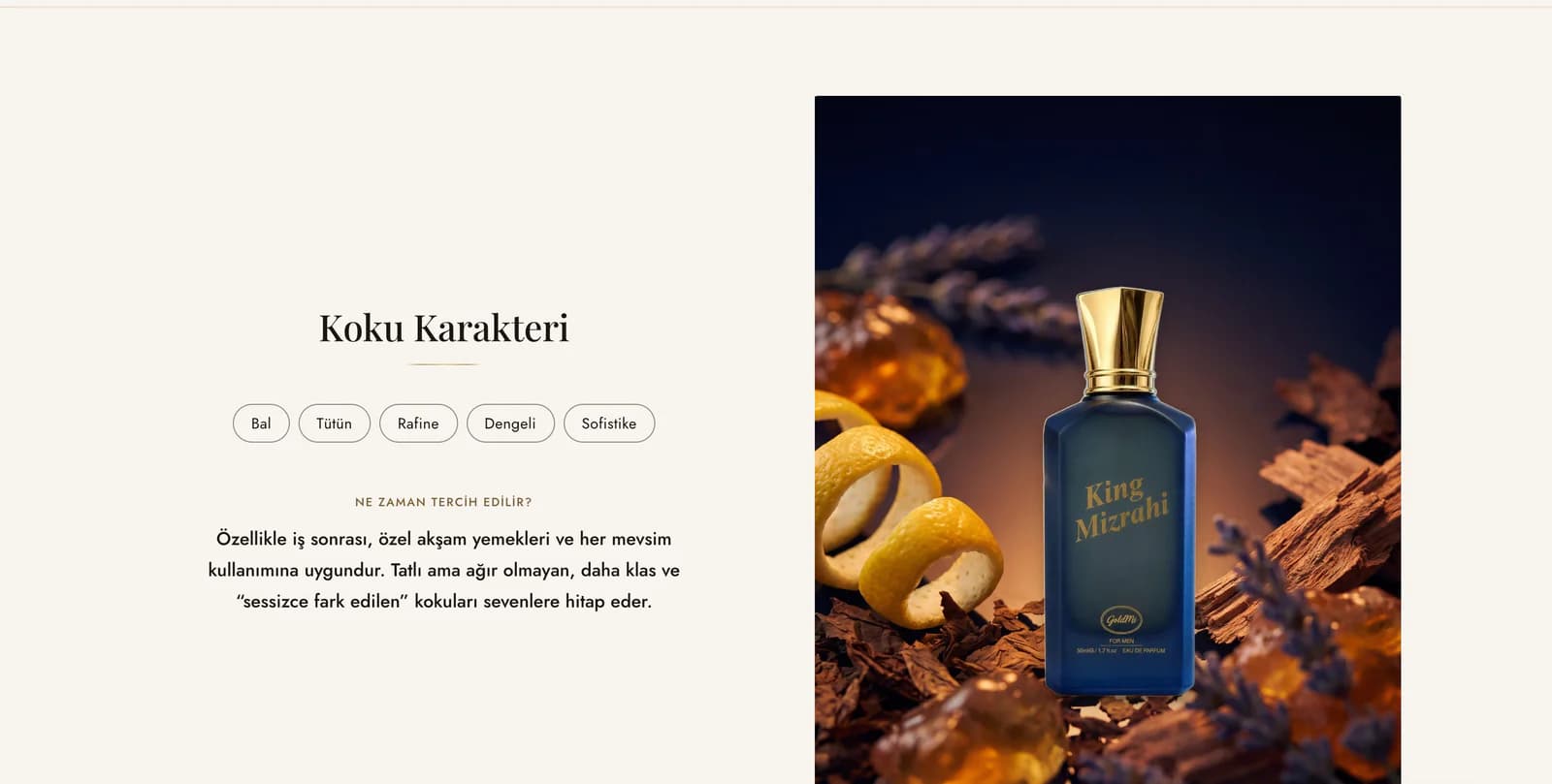 The Koku Karakteri (scent character) section on the King Mizrahi Dark Blue page: tags for honey, tobacco, refined, balanced and sophisticated, a when-to-wear note for after work, special dinners and all seasons, beside a photo of the bottle.
