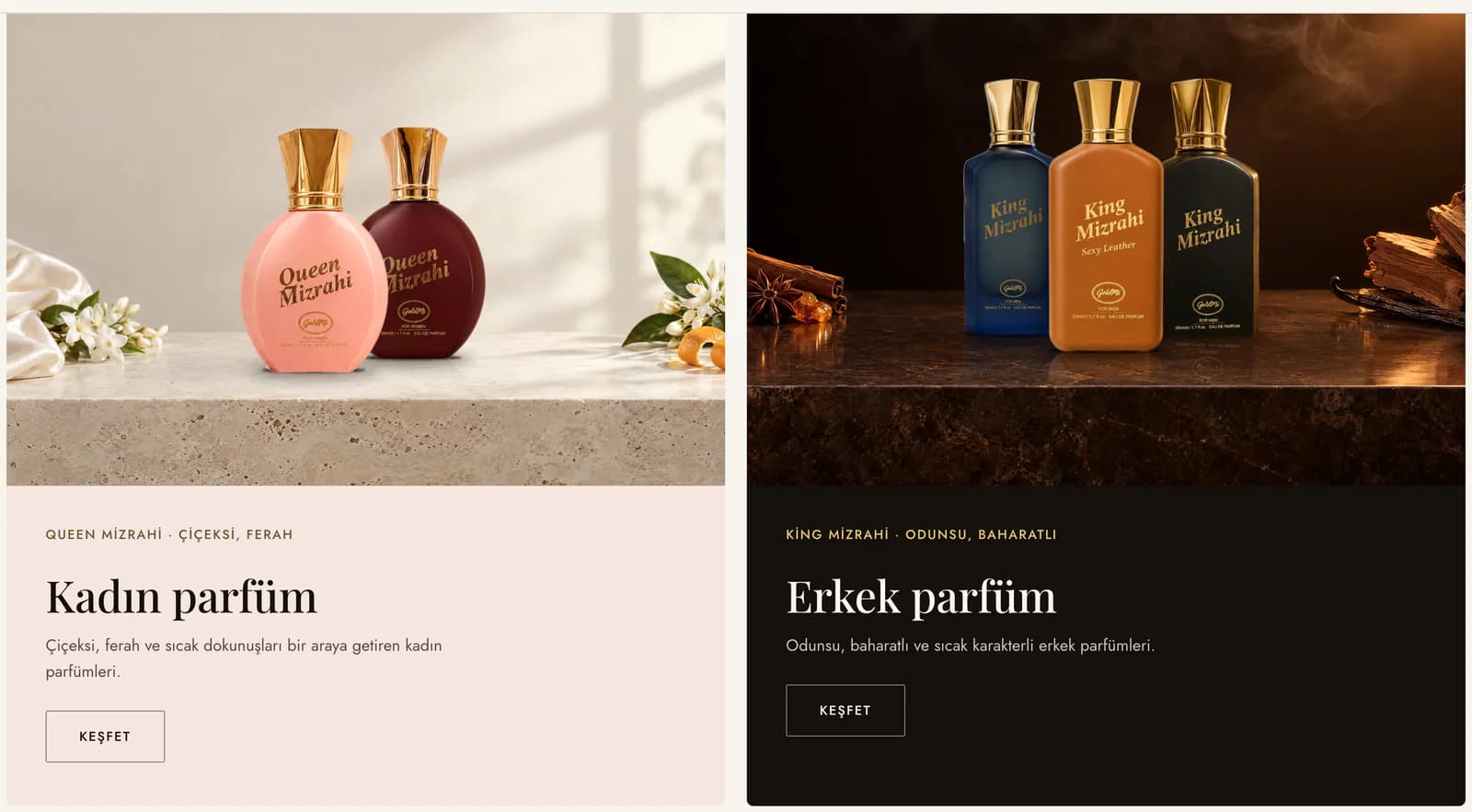 The Kokunu bul (find your scent) area on the Goldmi homepage: Queen Mizrahi floral, fresh women's perfumes on the left and King Mizrahi woody, spicy men's perfumes on the right, as two separate scent worlds.