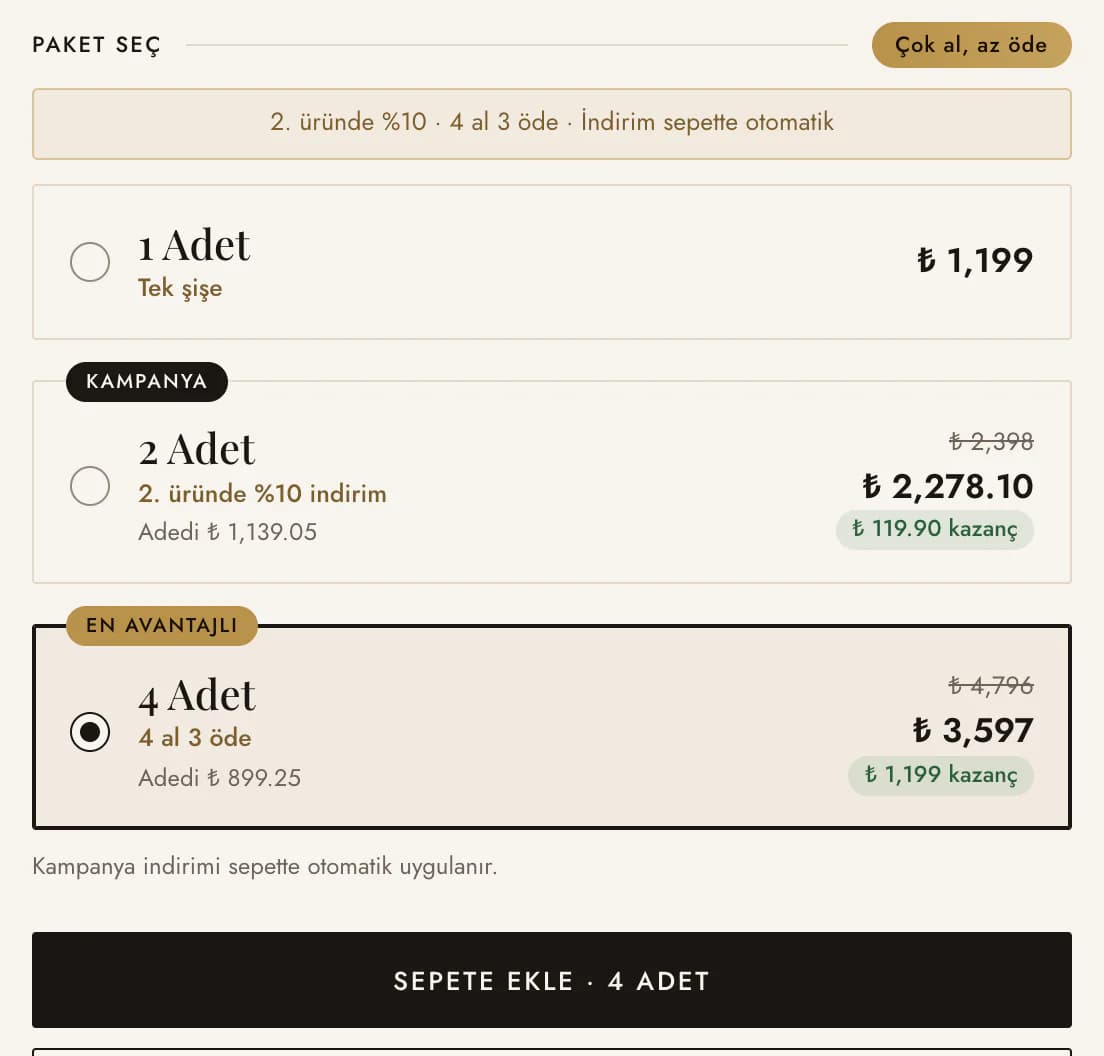 The Paket seç (choose a pack) area on the King Mizrahi Dark Blue page at Goldmi: cards for 1 bottle, 2 bottles with 10% off the second and 4 bottles for the price of 3, each with per-bottle price and saving; the 4-pack is selected and the button reads add to cart · 4 pcs.