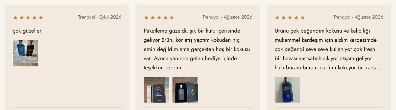 Review cards on the King Mizrahi Dark Blue page at Goldmi: stars, the Trendyol source and date in each card's corner, the review text and product photos shared by customers.