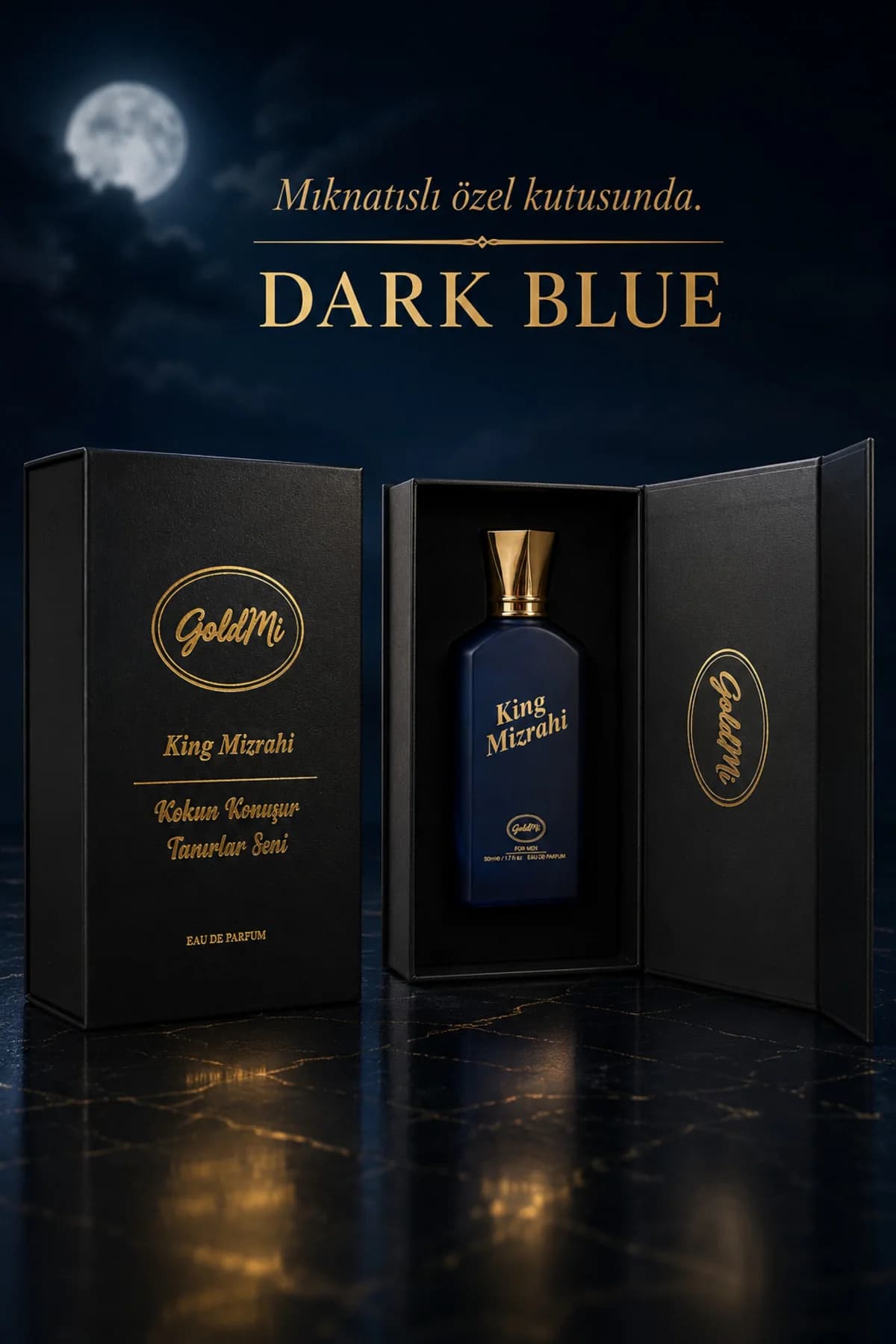King Mizrahi Dark Blue sunum görseli: ay ışıklı gece zemininde Mıknatıslı özel kutusunda, Dark Blue yazısı; altın GoldMi logolu siyah kitap kutu ve içinde lacivert şişe.