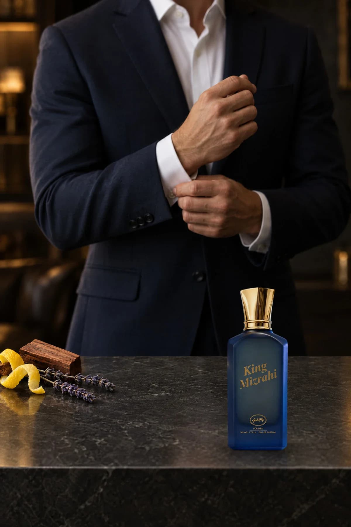 King Mizrahi Dark Blue yaşam fotoğrafı: koyu takım elbiseli bir erkek kol düğmesini düzeltirken önündeki siyah mermer tezgâhta lacivert şişe, lavanta, limon kabuğu ve odun parçası.
