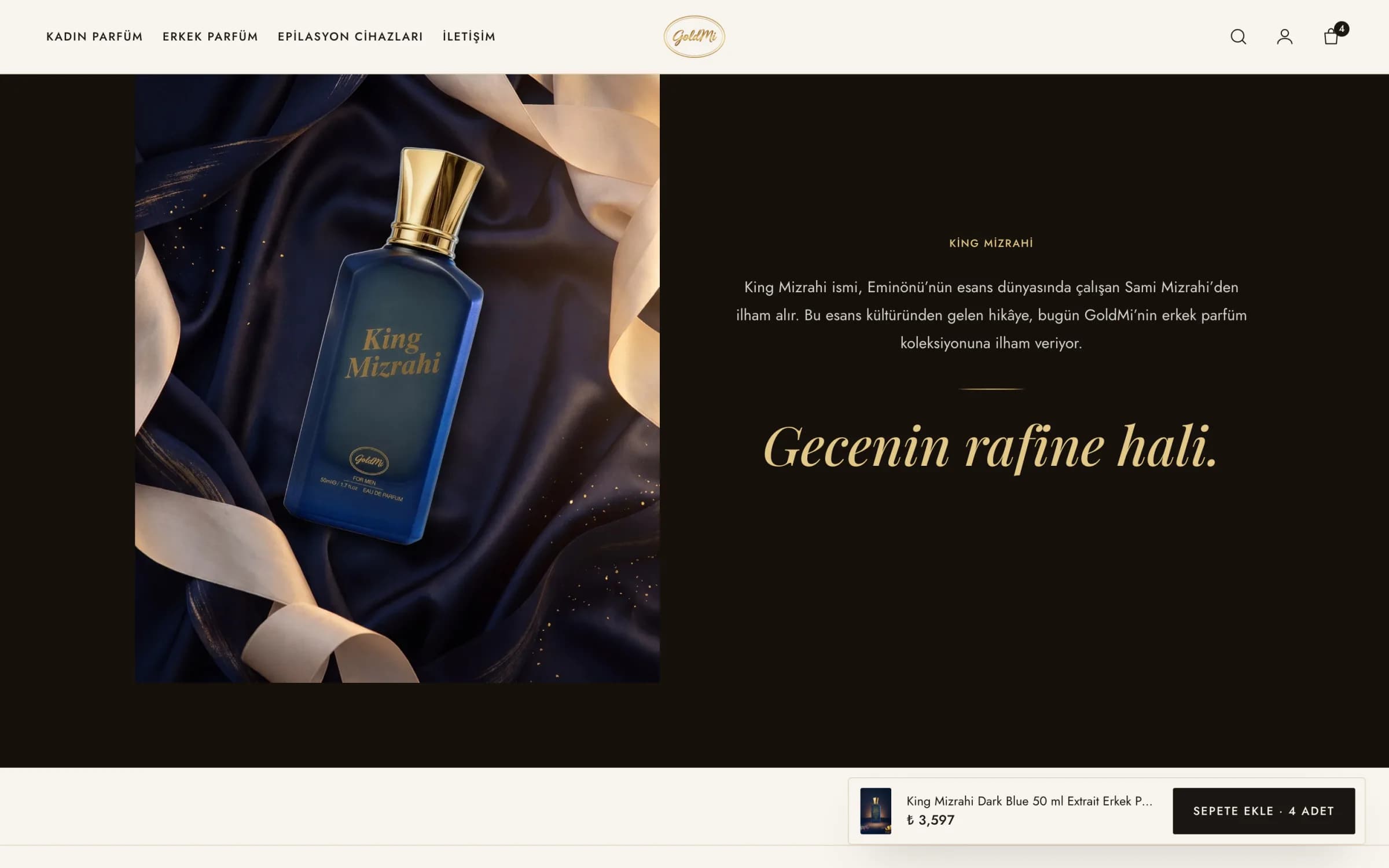 Goldmi King Mizrahi Dark Blue ürün sayfasının koyu koleksiyon bloğu masaüstünde: üst menünün altında neredeyse siyah zeminde lacivert saten ve krem kurdeleler üzerinde şişe fotoğrafı; sağda King Mizrahi etiketi, ismin Eminönü'nün esans dünyasında çalışan Sami Mizrahi'den ilham aldığını anlatan metin, ince altın çizgi ve altın italik Gecenin rafine hali. yazısı; sağ altta Sepete ekle · 4 adet çubuğu.