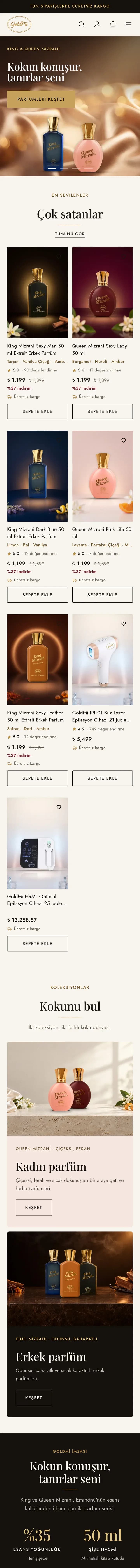 Goldmi mobil ana sayfasının uzun görüntüsü, açılıştan GoldMi imzası bandına kadar: King & Queen açılış slaytı, koku notalı parfüm kartları ve aralarında IPL cihazı kartlarıyla Çok satanlar, Kokunu bul alanında Kadın parfüm ve Erkek parfüm kartları, en altta koyu GoldMi imzası bandında Kokun konuşur, tanırlar seni başlığı ve %35 esans yoğunluğu, 50 ml şişe hacmi rakamları.