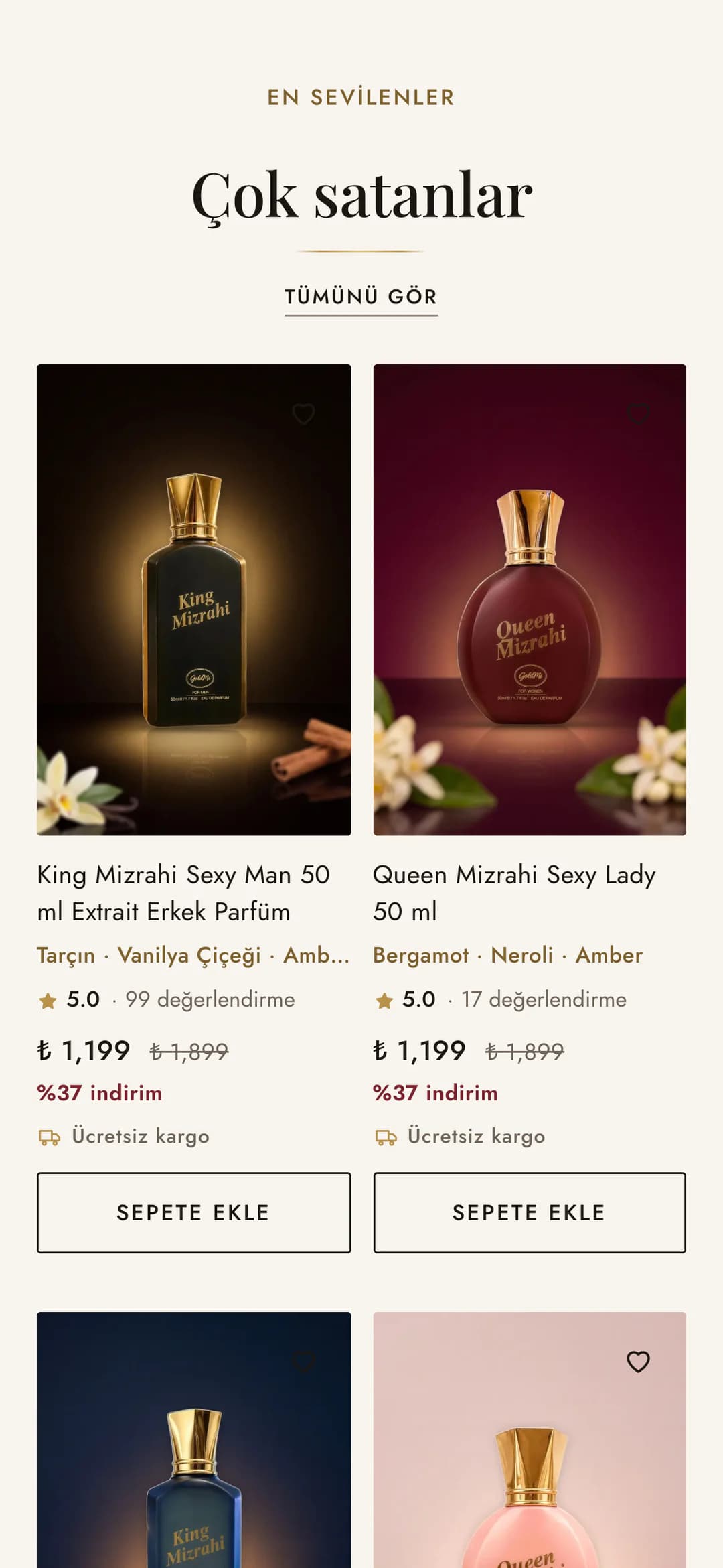 Goldmi ana sayfasındaki Çok satanlar bölümü telefonda: King Mizrahi Sexy Man ve Queen Mizrahi Sexy Lady kartları; her ürün adının altında altın renkli üç koku notası (Tarçın · Vanilya Çiçeği · Amber, Bergamot · Neroli · Amber), puan, ₺ 1,199 indirimli fiyat, %37 indirim, ücretsiz kargo notu ve Sepete Ekle düğmesi.