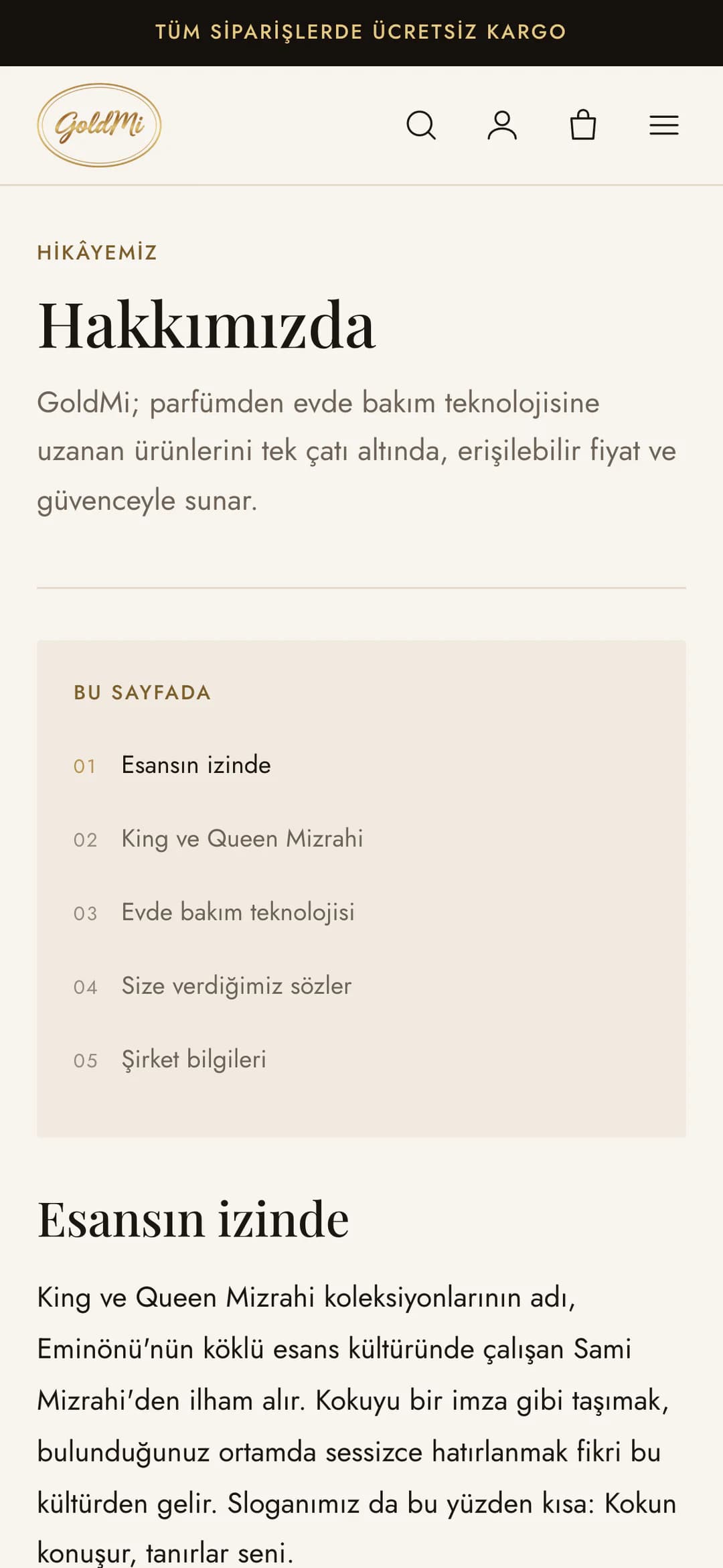 Goldmi Hakkımızda sayfası telefonda: Hikâyemiz üst başlığı, Hakkımızda başlığı ve parfümden evde bakım teknolojisine uzanan ürünleri anlatan giriş; Bu sayfada listesinde Esansın izinde, King ve Queen Mizrahi, Evde bakım teknolojisi, Size verdiğimiz sözler ve Şirket bilgileri; altta Esansın izinde bölümünün Sami Mizrahi'yi anan metni.