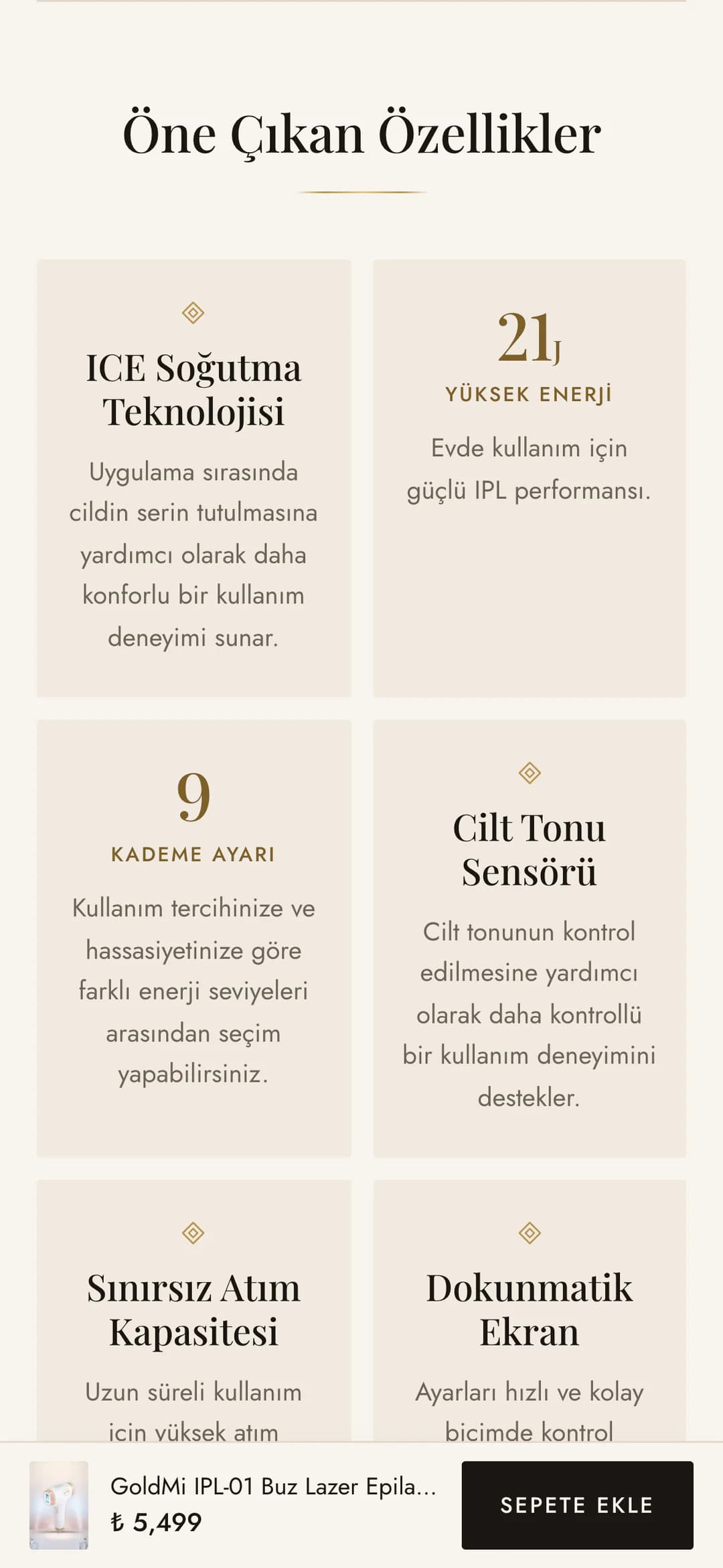Goldmi IPL-01 sayfasındaki Öne Çıkan Özellikler kartları telefonda: ICE soğutma teknolojisi, 21 J yüksek enerji, 9 kademe ayarı ve cilt tonu sensörü kartları açıklamalarıyla; altta sınırsız atım kapasitesi ve dokunmatik ekran kartlarının başı.