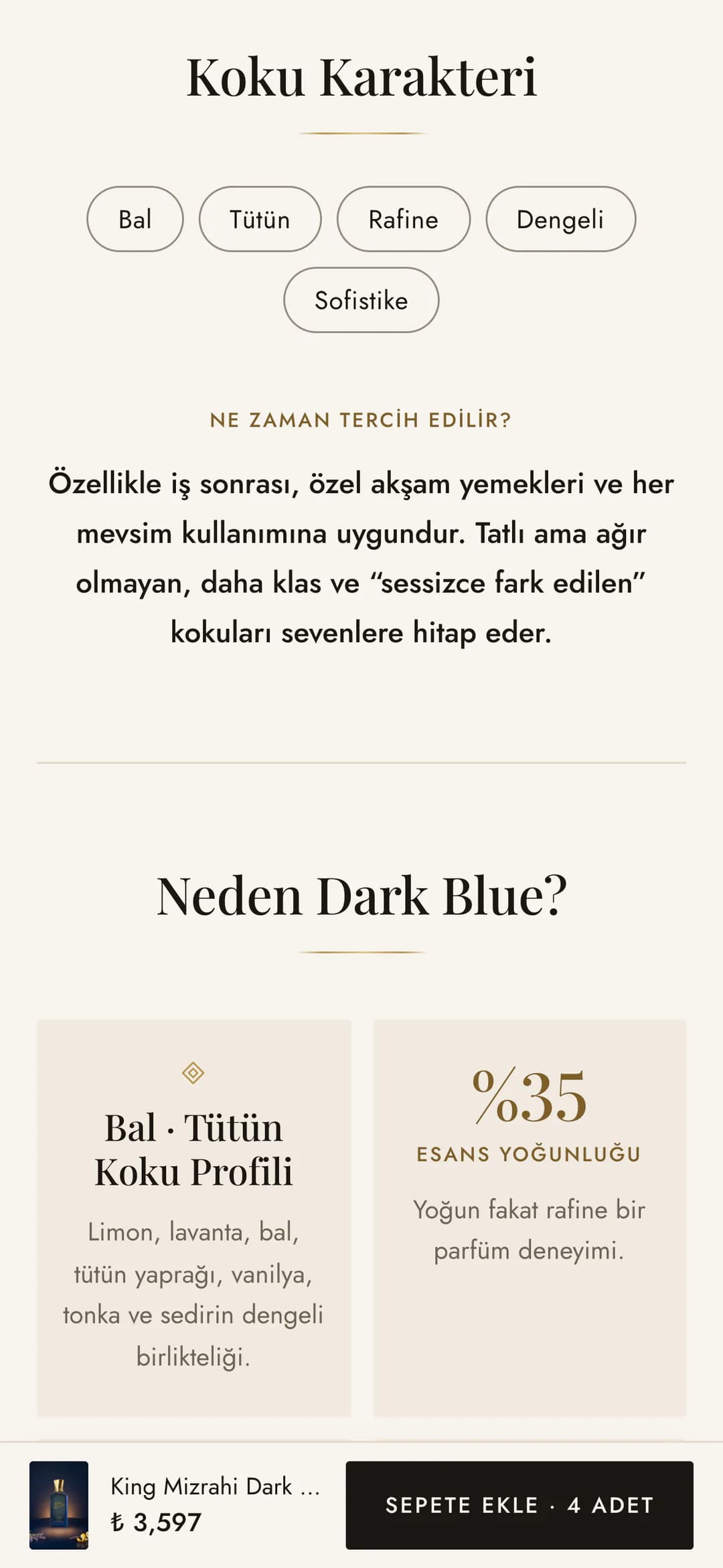 King Mizrahi Dark Blue sayfasındaki Koku Karakteri bölümü telefonda: Bal, Tütün, Rafine, Dengeli ve Sofistike etiketleri; Ne zaman tercih edilir? başlığı altında iş sonrası, özel akşam yemekleri ve her mevsim kullanımı anlatan metin; altta Neden Dark Blue? başlığı ve ilk iki kart.