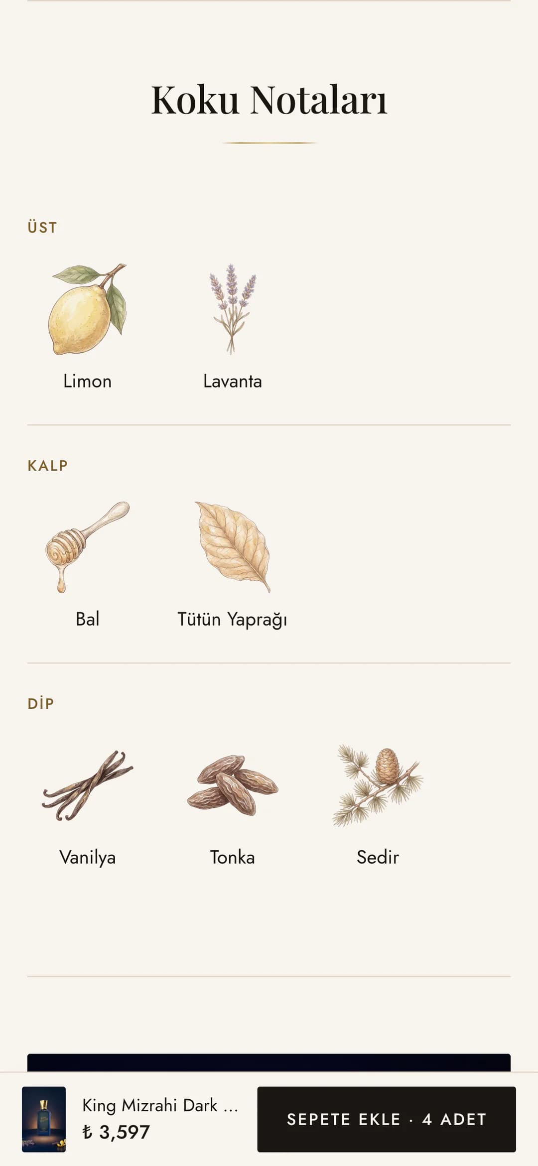King Mizrahi Dark Blue sayfasındaki Koku Notaları bölümü telefonda: Üst notalarda limon ve lavanta, Kalp notalarında bal ve tütün yaprağı, Dip notalarında vanilya, tonka ve sedir; her nota kendi suluboya çizimiyle.