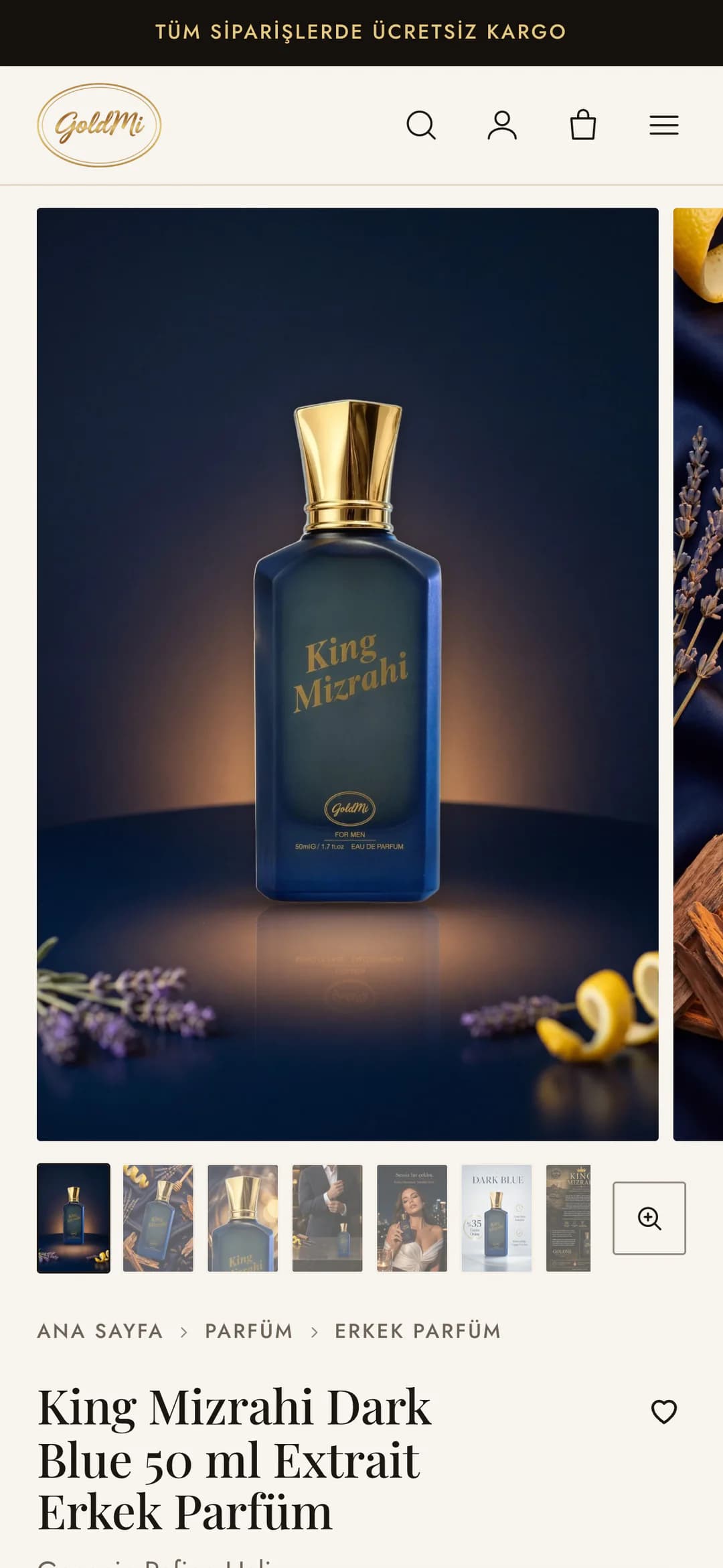 Goldmi King Mizrahi Dark Blue ürün sayfası telefonda: ekran genişliğindeki galeride lacivert zeminde lavanta ve limon kabuğu arasında duran altın kapaklı lacivert şişe, altında küçük resimler ve büyütme düğmesi; Ana Sayfa › Parfüm › Erkek Parfüm yolu ve serif ürün başlığı.