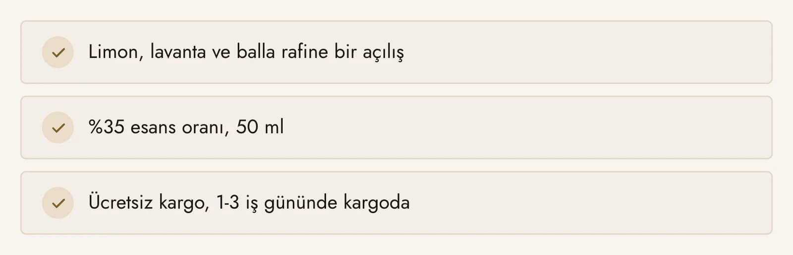 Satın alma alanındaki fayda satırlarının yakın planı: onay işaretli Limon, lavanta ve balla rafine bir açılış; %35 esans oranı, 50 ml; Ücretsiz kargo, 1-3 iş gününde kargoda.