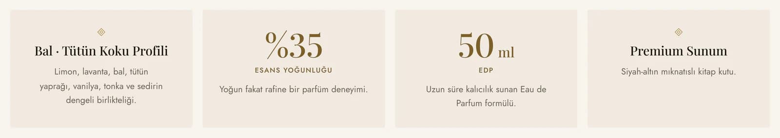 Neden Dark Blue? kartlarının yakın planı: Bal · Tütün Koku Profili (limon, lavanta, bal, tütün yaprağı, vanilya, tonka ve sedir), %35 esans yoğunluğu, 50 ml EDP (uzun süre kalıcılık) ve Premium Sunum (siyah-altın mıknatıslı kitap kutu).