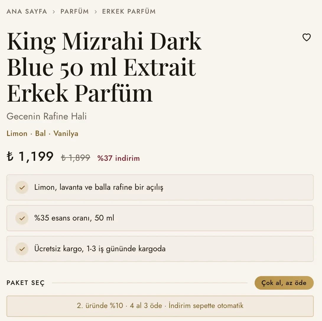 King Mizrahi Dark Blue ürün sayfasının bilgi sütunu masaüstünde: Ana Sayfa, Parfüm, Erkek Parfüm yolu, serif başlık, Gecenin Rafine Hali sloganı, Limon · Bal · Vanilya notaları, ₺ 1,199 fiyat ve %37 indirim; Limon, lavanta ve balla rafine bir açılış, %35 esans oranı, 50 ml ve ücretsiz kargo satırları; altında Paket seç başlığı ve 2. üründe %10 · 4 al 3 öde satırı.