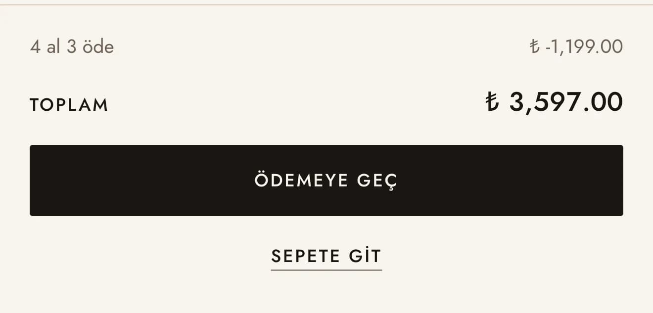 Masaüstü sepet panelinin alt kısmının yakın planı: ayrı satırda 4 al 3 öde ₺ -1,199.00 indirimi, ₺ 3,597.00 toplam, siyah Ödemeye Geç düğmesi ve Sepete Git bağlantısı.
