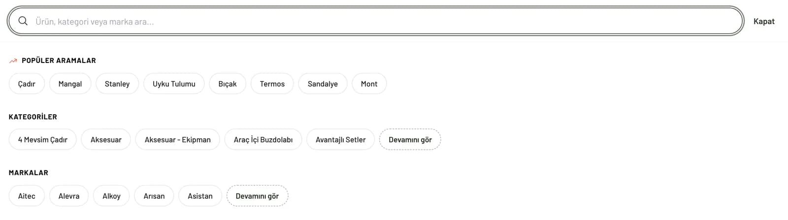 The Kamp ve Ötesi search panel: a product, category or brand search box with popular searches, categories and brands as quick buttons below.
