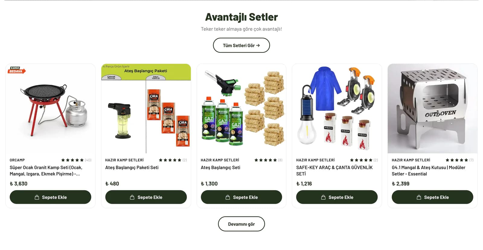 The Avantajlı Setler (value sets) shelf on the Kamp ve Ötesi homepage: a camp stove set, fire starter packs and a grill fire box set with prices and add-to-cart buttons.