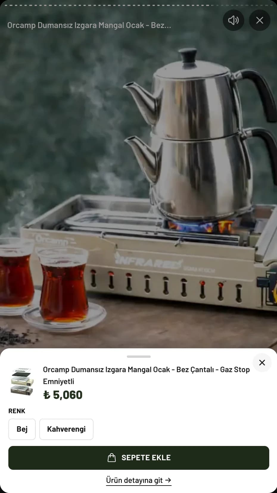 A product story opened from the Kamp ve Ötesi homepage: a video of the Orcamp smokeless grill stove with a product card below showing price, colour options, an add-to-cart button and a link to the product page.