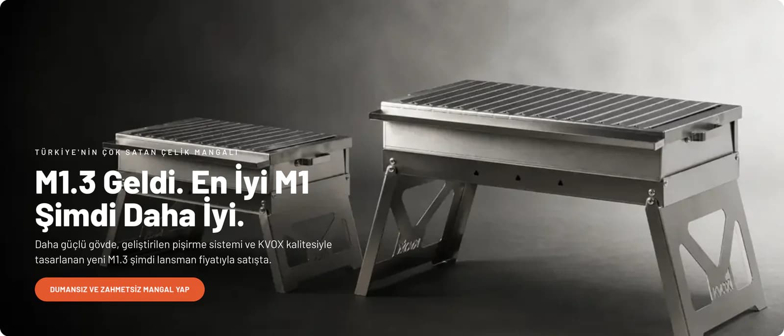 A wide homepage area dedicated to the KVOX M1.3 grill: the headline M1.3 Geldi. En İyi M1 Şimdi Daha İyi (the best M1 just got better), a short pitch and an orange call-to-action button.