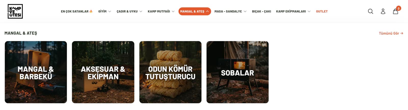 The Mangal & Ateş (grill and fire) dropdown in the Kamp ve Ötesi main menu: grills, accessories, firewood and starters, and stoves shown as photo cards.
