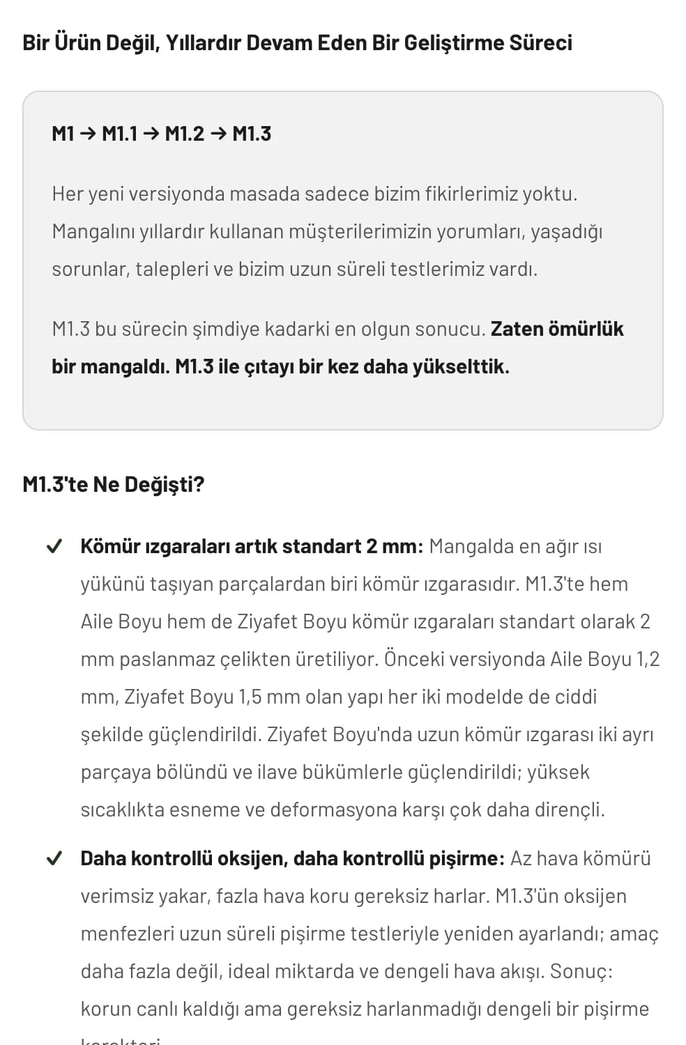 The section on the KVOX M1.3 grill page about its development: the M1, M1.1, M1.2 and M1.3 version line, followed by a list of what changed in M1.3.