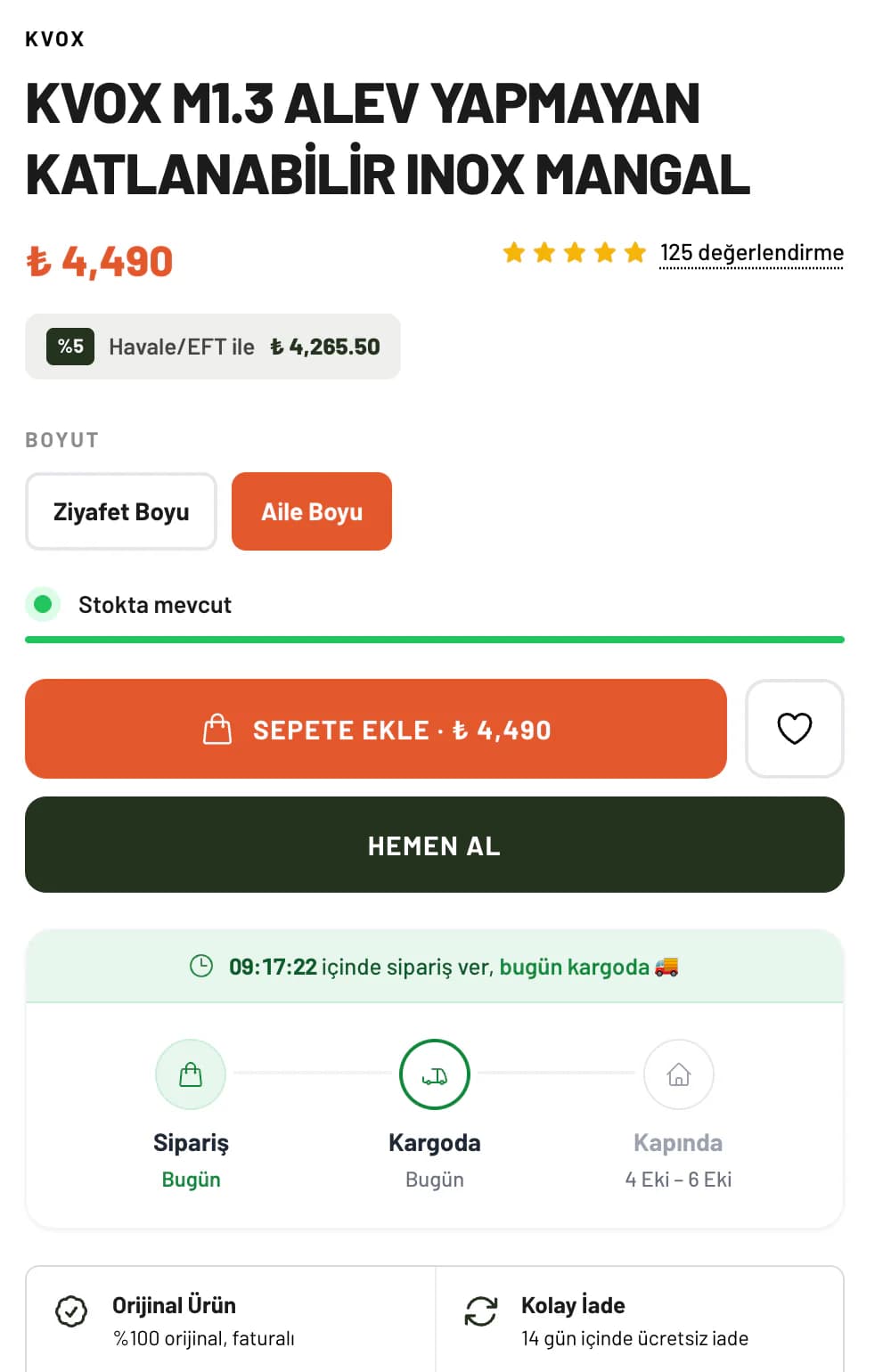 The buy box on the KVOX M1.3 grill page at Kamp ve Ötesi: brand, review count, price, bank transfer discount, two size options, stock status, add-to-cart and buy-now buttons, the same-day shipping cut-off and delivery steps.