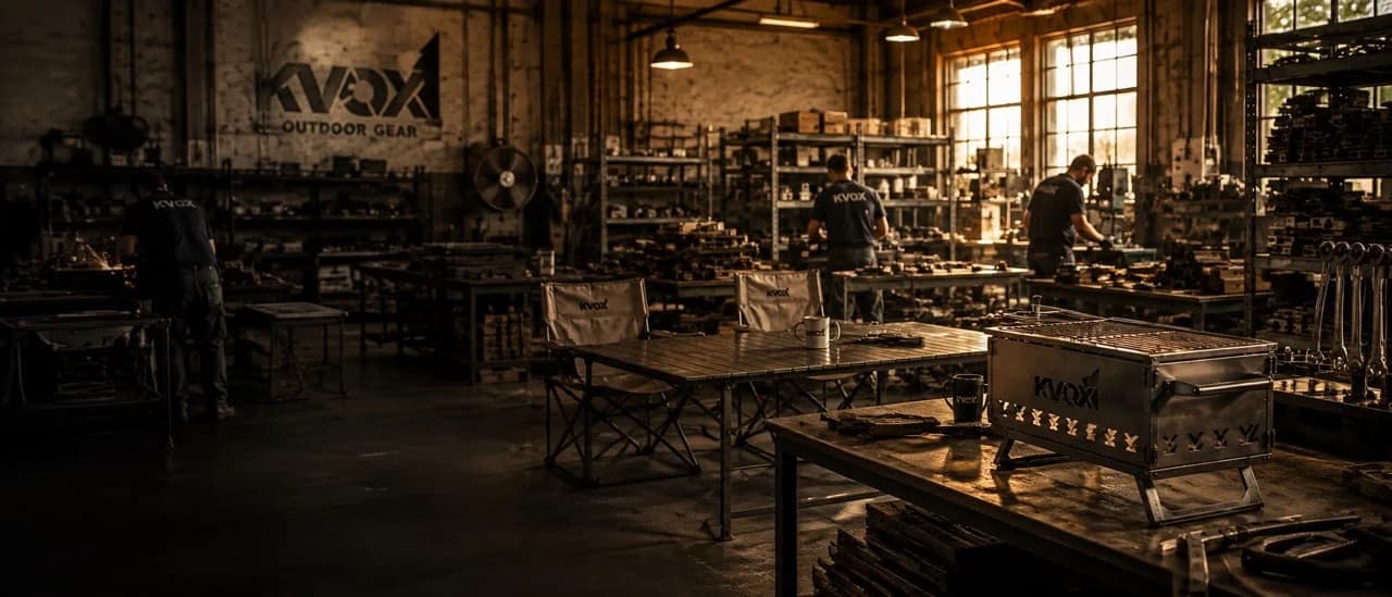 KVOX atölyesi: duvarında KVOX Outdoor Gear tabelası olan, sıcak ışıklı büyük bir metal atölyesinde tezgâhlarda çalışan ustalar ve raflarda ekipmanlar.