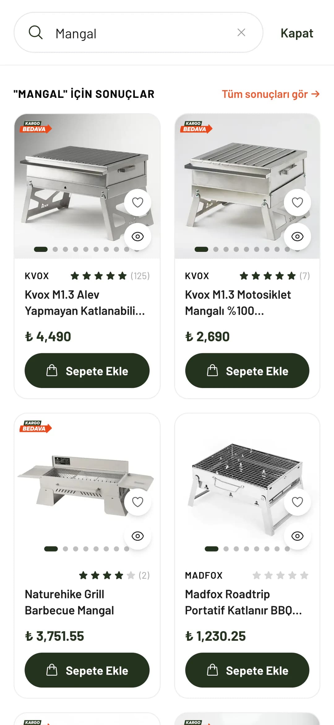 Popüler aramalardan Mangal seçilince telefonda gelen sonuçlar: "Mangal" için sonuçlar ve Tüm sonuçları gör bağlantısı; Kvox M1.3 Alev Yapmayan Katlanabilir mangal (₺ 4,490), Kvox M1.3 Motosiklet Mangalı (₺ 2,690), Naturehike ve Madfox mangal kartları, kargo bedava rozetleri ve Sepete Ekle düğmeleri.