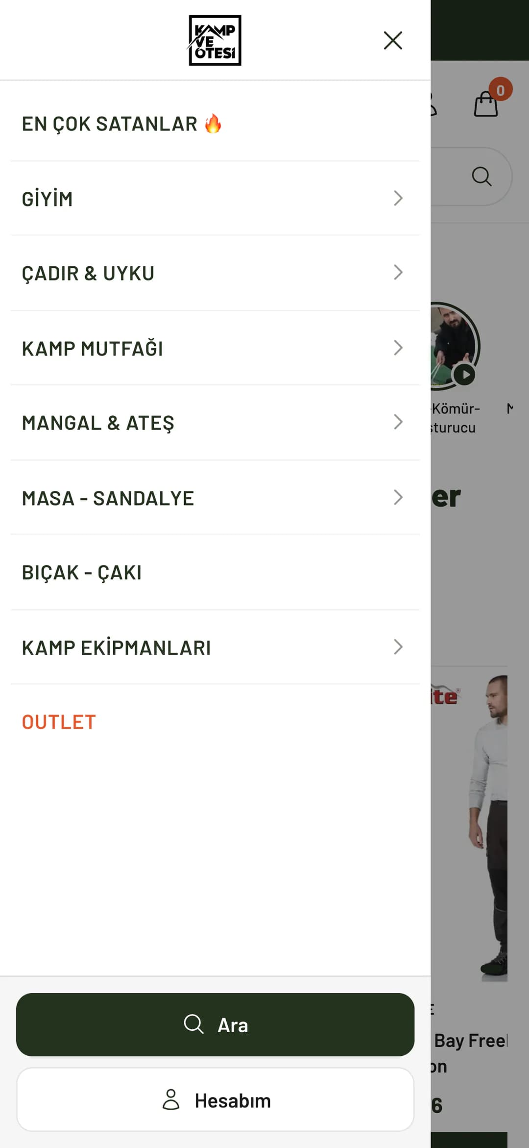 Kamp ve Ötesi'nin telefonda açılan menüsü: logonun altında En Çok Satanlar, Giyim, Çadır & Uyku, Kamp Mutfağı, Mangal & Ateş, Masa - Sandalye, Bıçak - Çakı, Kamp Ekipmanları ve turuncu Outlet satırları; en altta Ara ve Hesabım düğmeleri.