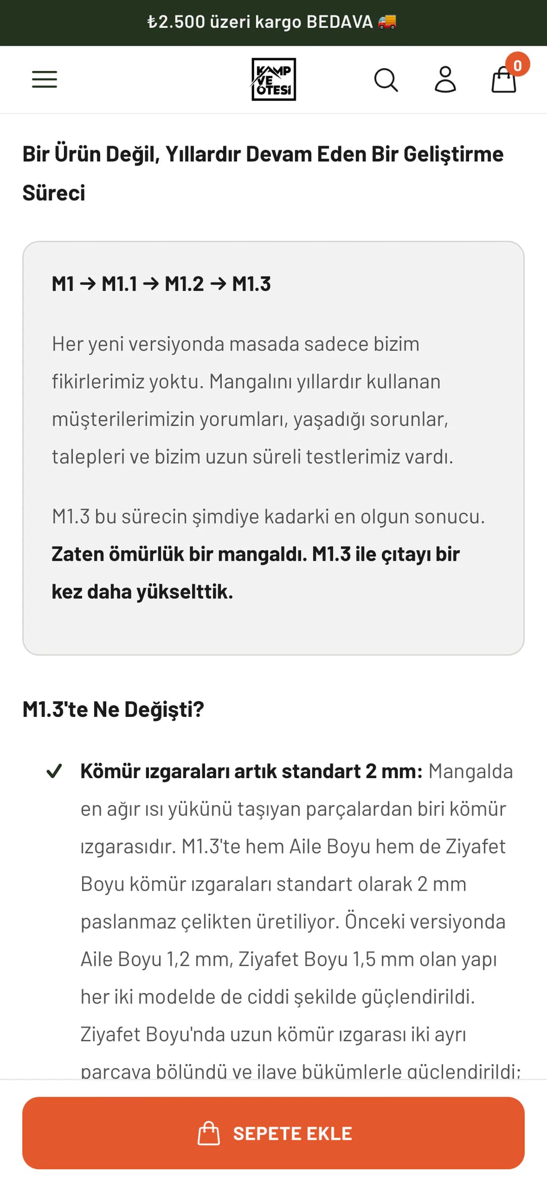 KVOX M1.3 ürün sayfasındaki Bir Ürün Değil, Yıllardır Devam Eden Bir Geliştirme Süreci bölümü telefonda: gri kutuda M1 → M1.1 → M1.2 → M1.3 sürüm sırası ve geliştirme anlatımı, altında M1.3'te Ne Değişti? başlığı ve ilk madde (kömür ızgaraları artık standart 2 mm).
