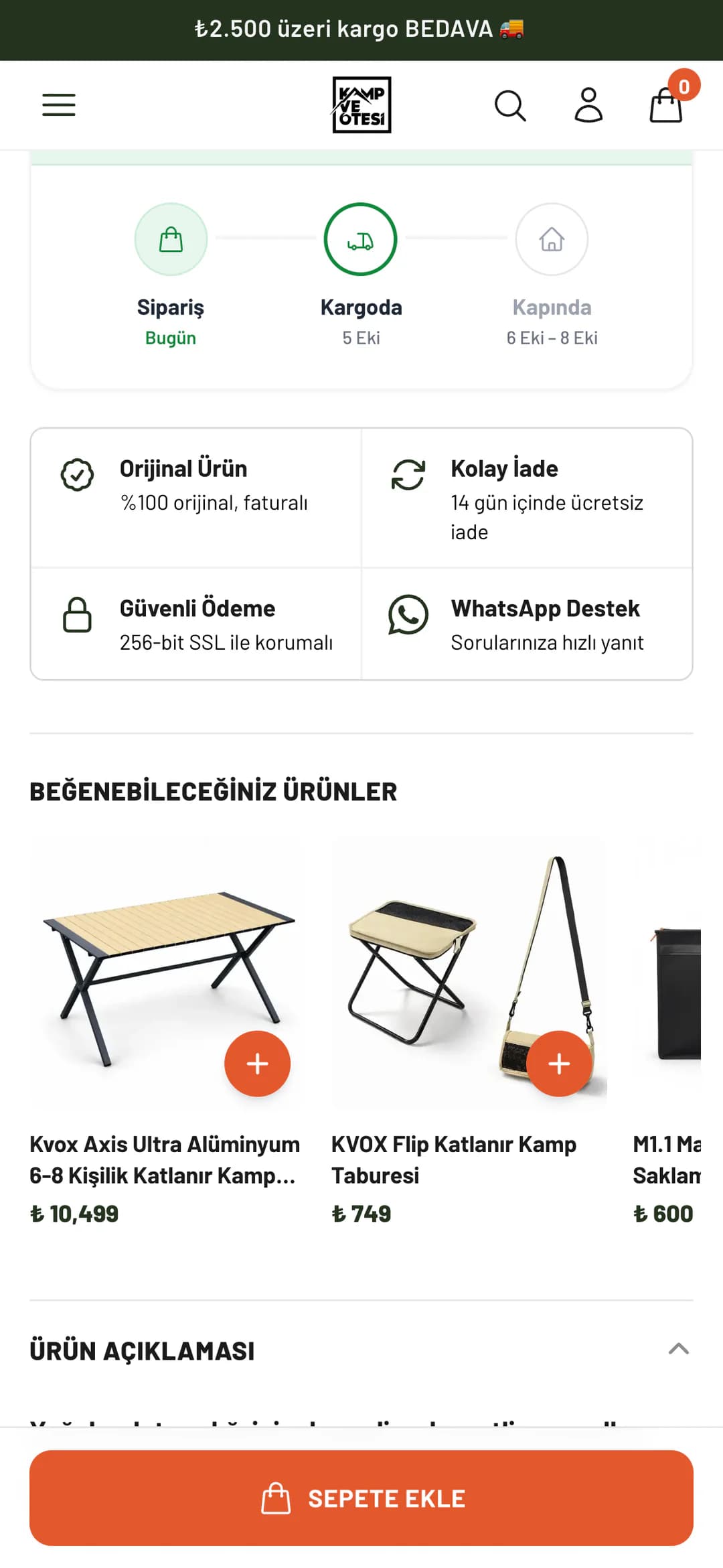 KVOX M1.3 ürün sayfasında teslimat adımlarının altı telefonda: Sipariş (bugün), Kargoda (5 Eki) ve Kapında (6-8 Eki) adımları; Orijinal Ürün, Kolay İade, Güvenli Ödeme ve WhatsApp Destek kutuları; altında Beğenebileceğiniz Ürünler şeridinde katlanır kamp masası, tabure ve taşıma çantası ve Ürün Açıklaması başlığı.