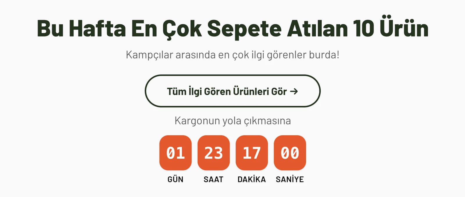 Bu Hafta En Çok Sepete Atılan 10 Ürün başlığının ve kargo geri sayımının yakın planı: Kampçılar arasında en çok ilgi görenler burda açıklaması, Tüm İlgi Gören Ürünleri Gör düğmesi, Kargonun yola çıkmasına yazısı ve turuncu gün, saat, dakika, saniye kutuları.