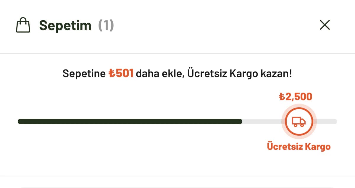 Sepet çekmecesinin yakın planı: Sepetim (1) başlığı, Sepetine ₺501 daha ekle, Ücretsiz Kargo kazan! yazısı ve ₺2,500 hedefinde kamyon simgeli, büyük kısmı dolu koyu yeşil çubuk.