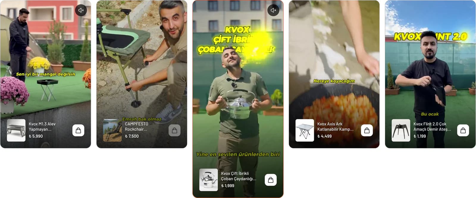 The Kampı Videolarımızda Keşfet (discover camping in our videos) strip on the homepage: vertical product videos, each with the product thumbnail, name, price and a cart button.