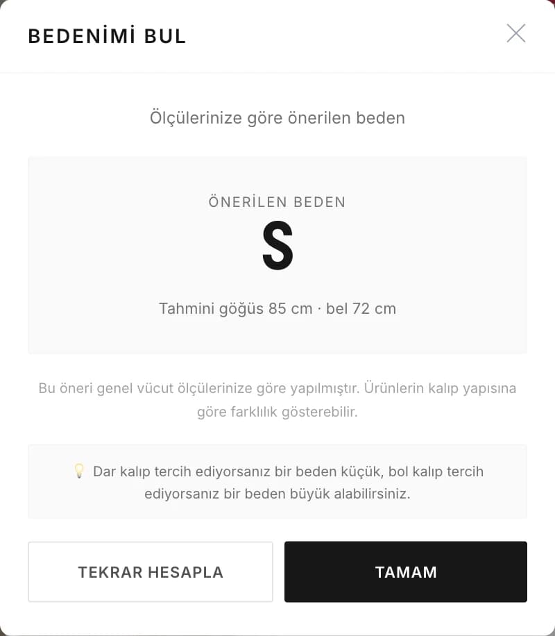 The Bedenimi Bul (find my size) window on a Le Pole product page: size S recommended from height and weight, with an estimated 85 cm bust and 72 cm waist.