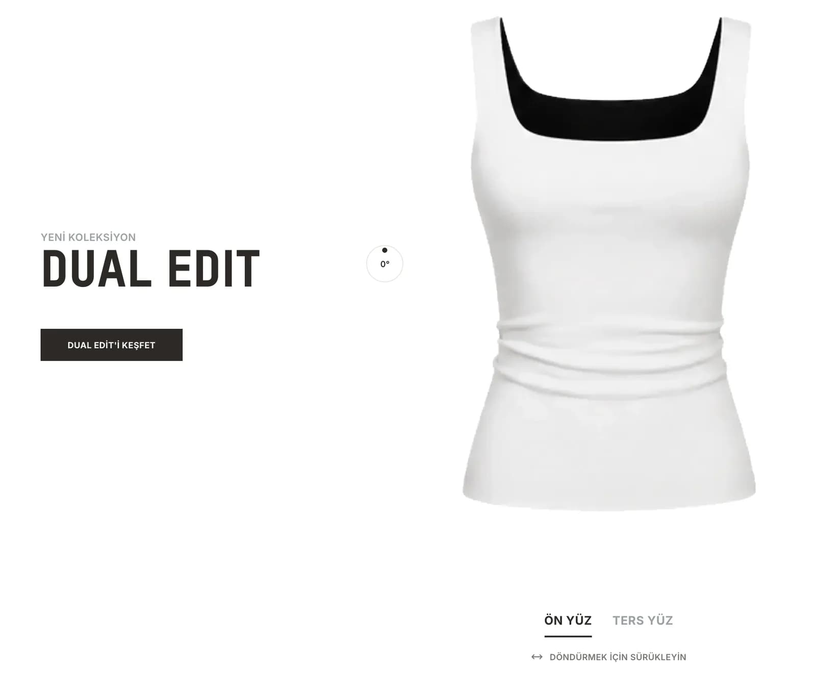 The Dual Edit area on the Le Pole homepage: beside the New Collection Dual Edit heading, a white sleeveless top seen from the front, with Ön yüz / Ters yüz (front / reverse) tabs and a drag-to-rotate hint below.